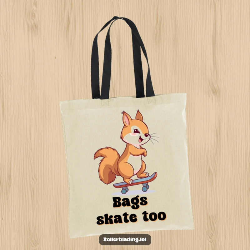 Funny tote bag showcasing a proud squirrel confidently skating backwards, ready to carry your items with impressive style and swagger.