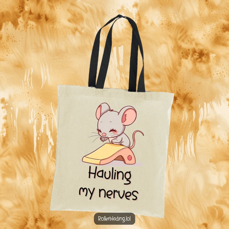 Funny tote bag featuring a shy mouse comically attempting a gentle slide, ideal for carrying everyday items.