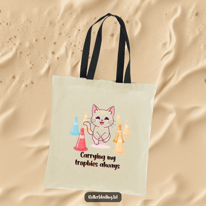 Funny smiling cat performing agility maneuvers with a happy expression, showcased on a durable tote bag, great funny gift.