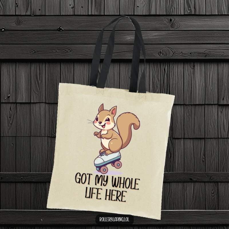 Funny Squirrel Tote Bag: A smiling squirrel in a funny, wobbly balance on one roller skate, perfect for a humorous accessory.