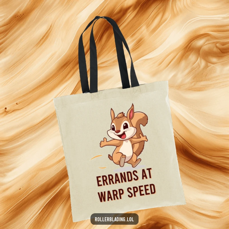 Funny tote bag with a squirrel speeding along, arms pumping, and a huge grin, perfect for carrying essentials humorously.