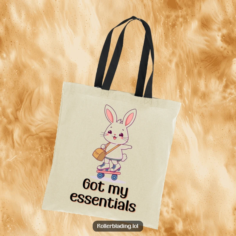 Funny tote bag with a determined, smiling bunny balancing on roller skates while holding a shopping bag.
