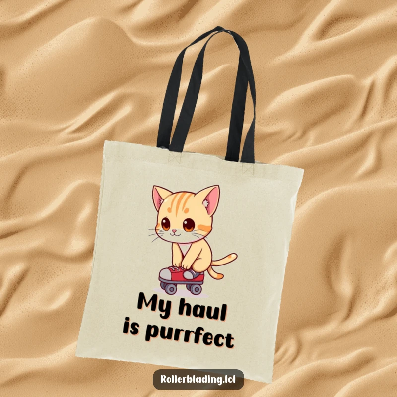 Funny tote bag with a curious cat leaning forward, balancing on roller skates, ready for errands.