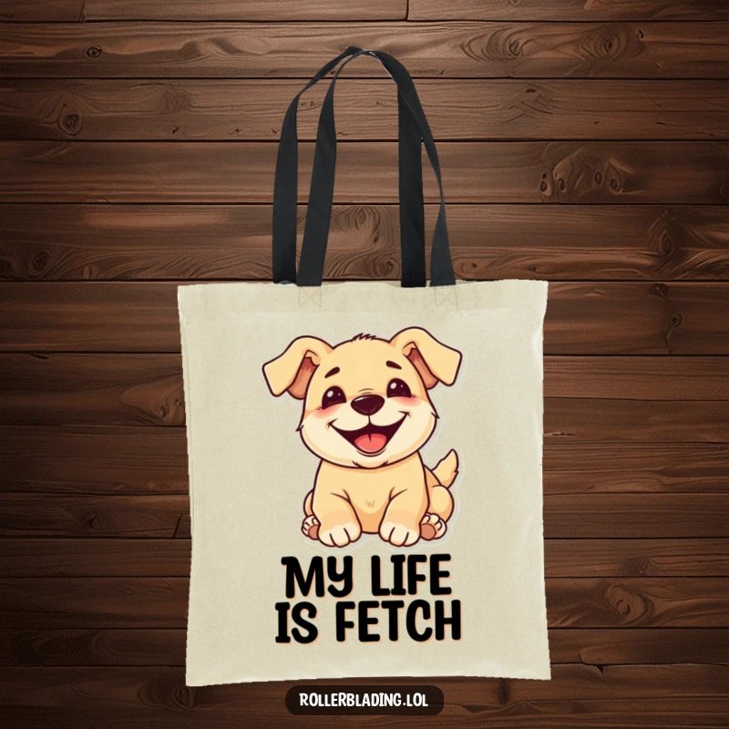 Funny pup tote bag showing a happy, grinning dog rolling over, great for shoppers who love pups.