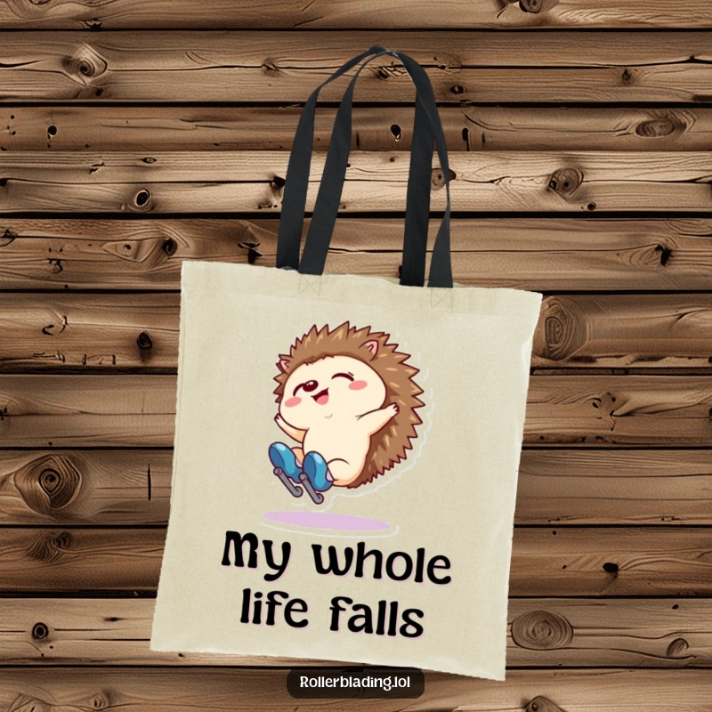 Funny tote bag with a tiny hedgehog character falling backwards on roller skates. Practical and humorous.